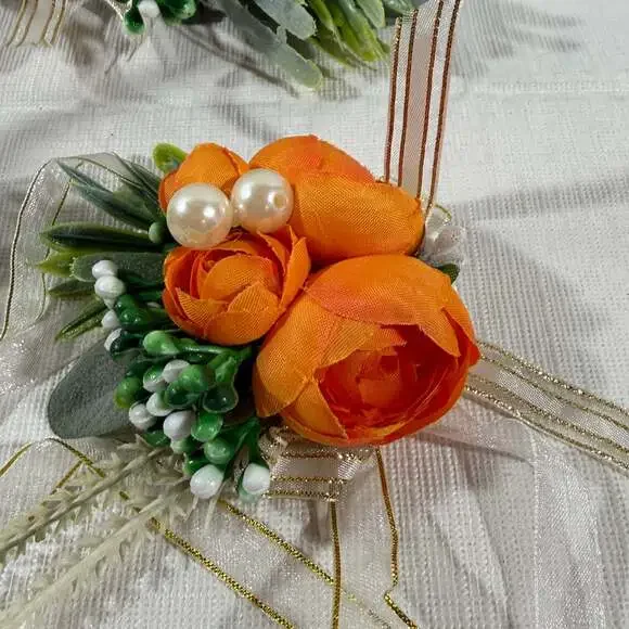 Orange Silk Rose Boutonniere and Wrist Corsage Set - Picture 2 of 8